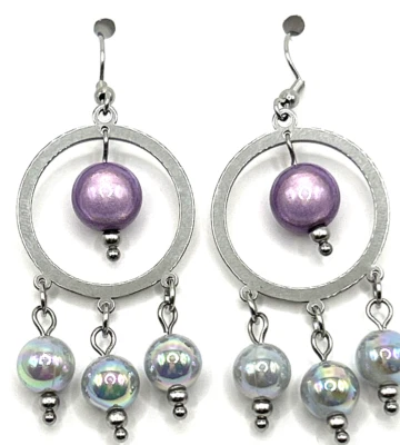 Purple Gray Iridescent Circle Chandelier Dangle Drop  Earrings Stainless Steel - Image 1 of 4