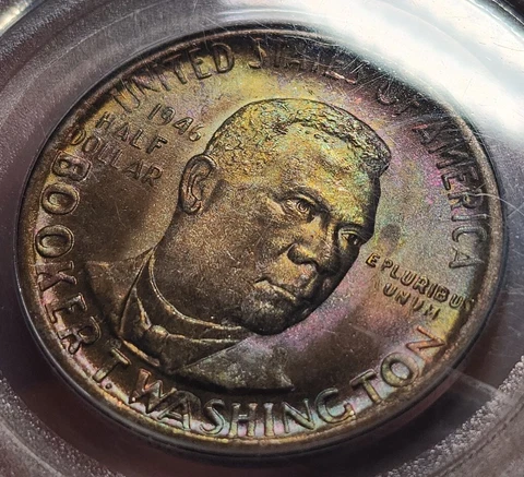 1946 S Booker T Washington OGH PCGS MS65 CAC Rainbow Toned Coin Pastel Toning Cover