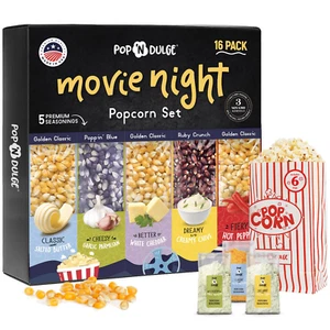 Popcorn Movie Night Supplies 16 Pcs Gift Set, 5 Gourmet Popcorn Kernels, 5 Seaso - Picture 1 of 9