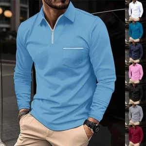 Mens Long Sleeve Fashion Polo Shirt Men's Plain 1/4 Zip Sport T-shirt Pocket - Picture 1 of 18