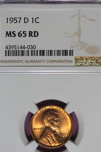 1957 D- 1C MS65RD NGC LINCOLN WHEAT CENT #B45984 - Picture 1 of 2