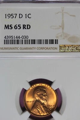 1957 D- 1C MS65RD NGC LINCOLN WHEAT CENT #B45984 - Image 1 of 2