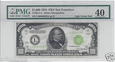 1934 $1000 FRN SAN FRANCISCO # 00000008 PMG-40 EXTREMELY FINE LOW SERIAL #8 BILL - Image 1 of 2