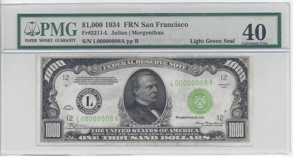 1934 $1000 FRN SAN FRANCISCO # 00000008 PMG-40 EXTREMELY FINE LOW SERIAL #8 BILL - Image 1 of 2