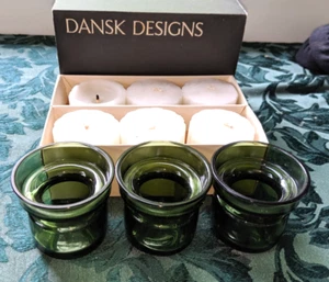 Vintage Green Glass Candle Holders Set of 3 DANSK DESIGNS Denmark IHQ Pillar - Picture 1 of 12