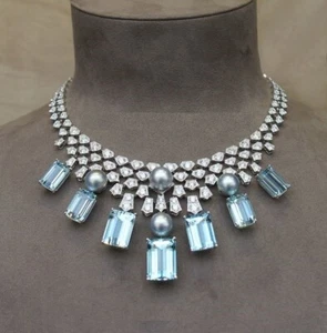 75CT Aqua Sapphire CZ & Pearl 925 Silver Statement Necklace Red Carpet Jewelry - Picture 1 of 6