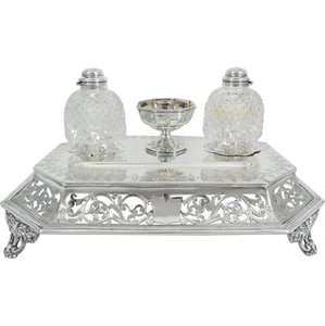 Antique Victorian 1863 Large Sterling Silver Desk Set Standish Inkwell Ink Well - Picture 1 of 17