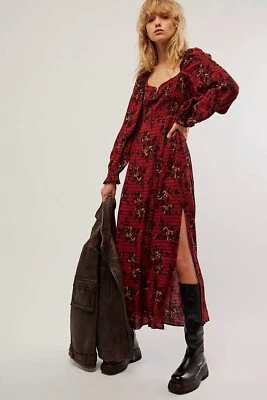 Nuevo con etiquetas $168 Vestido Free People Jaymes Midi Estampado Floral Rojo Morera Talla S Foto 1 de 4