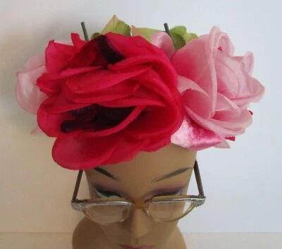 Фуксия шелковые розы вуаль 50s60s весенний сад проволока клетка шляпа цветочный зеленый бархат - Изображение 1 из 4