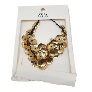 Gold Waterfall Cascading Floral Statement Necklace By Zara With Black Cord - Picture 1 of 7