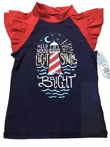 Cat & Jack Red/Navy Lighthouse Ruffle Sleeve Girls Rash Guard Shirt M ( 7/8) NWT - Picture 1 of 5