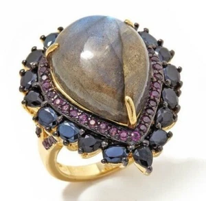 Meher's Vermeil Rainbow Moonstone or Labradorite, Black Spinel & Rhodolite Ring - Afbeelding 1 van 26