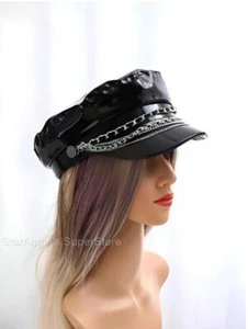 Gothic Biker Black PU Faux Patent Women's Biker Hat with Silver Chains. NEW - Picture 1 of 3