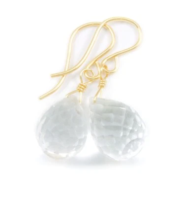 Clear Quartz Earrings Briolette Dainty Teardrops Natural Drops Sterling 14k Gold - Image 1 of 2