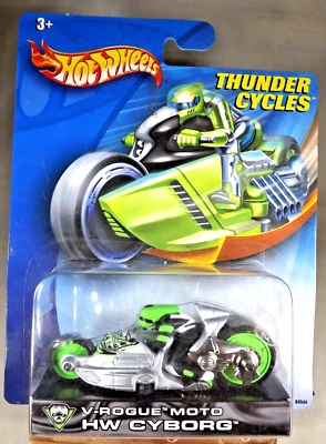 2003 Hot Wheels Thunder Cycles V-ROGUE MOTO HW Cyborg Silver w/Green Spoke Wheel - Image 1 of 4