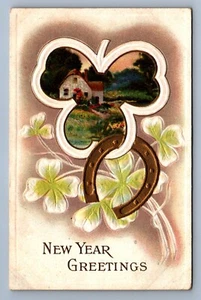 Postkarte Vintage Neujahrsfeier Feier Gruß Kleeblatt Hufeisen - Bild 1 von 2