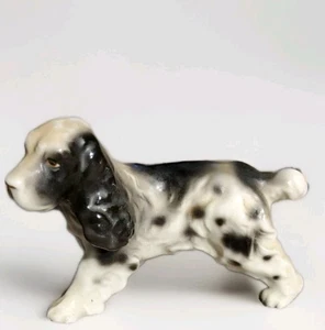 Vintage Porcelain Glazed Ceramic Dog Figurine Cocker Spaniel Black White, Spots - Picture 1 of 4