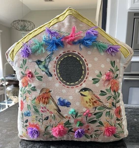 Birdhouse Throw Pillow Embellished Whimsical Boho Shabby Chic Fringe Floral Bird - Picture 1 of 19