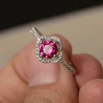 2Ct Round Cut Red Ruby & Lab-Created Halo Engagement Ring 14K White Gold Plated - Image 1 of 4