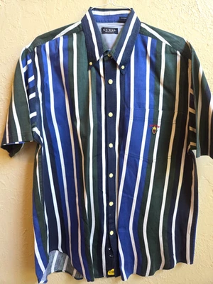 Guess Classics Shirt Mens Large Blue Green Stripe Short Sleeve Embroidery Logo - Image 1 of 4
