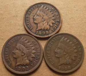 1899 - 1902 - 1908 Indian Cents in VG-VF Details Condition - Lot of 3 Coins - Picture 1 of 2