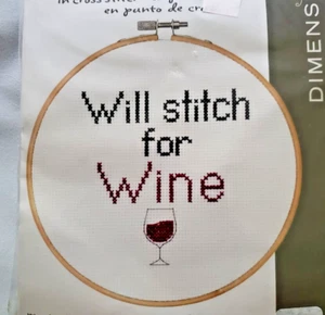 Dimensions Say It! "Will Stitch for Wine" Cross Stitch Kit with Hoop 6" - Picture 1 of 3