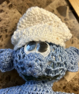 Handmade Smurf Crochet Doll Plush White Blue Vintage Cartoon 14 inches long - Image 1 of 4