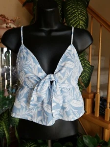 Timing bauchfreies Oberteil Damen blau & weiß Blätter Spaghettiträger Größe Large - Bild 1 von 6
