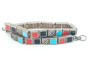 Bracciale Tennis Vintage Argento Sterling Tre Colori Gemme Intarsiato Largo 5,2mm - 7,5" - Foto 1 di 6
