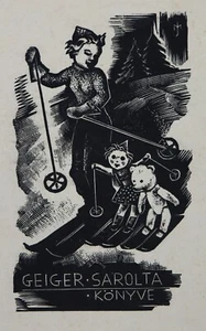 Vtg Art Ex-Libris Bookplate Woman Child Bear Skiing Y0551 - Bild 1 von 3