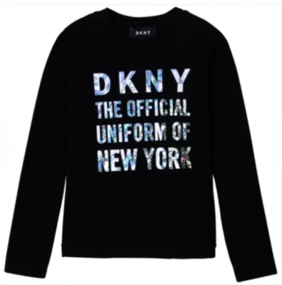 DKNY Girls Black Shiny Graphic Long Sleeve T-Shirt 6 Years BNWT - Image 1 of 2