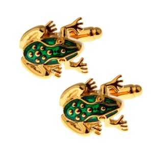 FROG CUFFLINKS Green Enamel Gold Plate Cute Animal Groom Wedding with Gift Bag - Picture 1 of 5