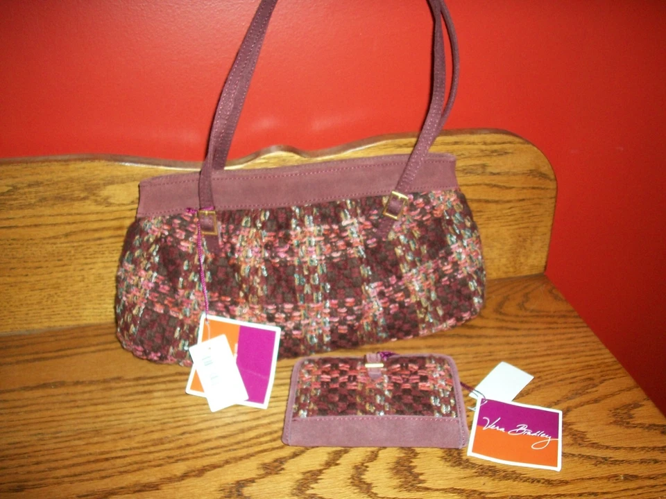 Vera Bradley Annie Tweed Handbag Purse Maroon Suede Pink