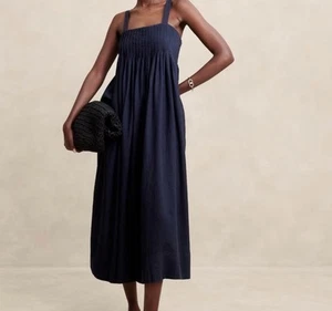 Banana Republic M Navy Blue Sleeveless Linen Blend Midi Dress Boho Drapey Pocket - Picture 1 of 8