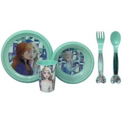 SET PAPPA 5 PEZZI FROZEN DISNEY PLASTICA RIUTILIZZABILE PIATTI BICCHIERE POSATE - Immagine 1 di 4