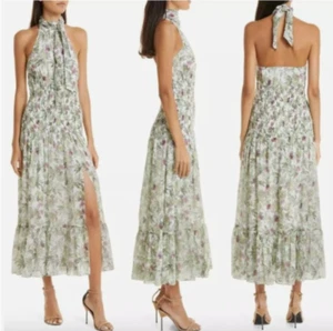 Cinq a Sept Dover Floral Midi Dress Sz 8 Halter Neck White Green Flare NEW $495 - Picture 1 of 13