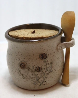 Tarro de cerámica cocina hecho a mano tapa de corcho con cuchara de madera y soporte para cuchara Foto 1 de 4