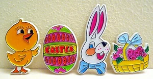 4 decoraciones para adorno de pastel de Pascua conejito huevo pollito cesta sin usar stock de tienda antigua - Imagen 1 de 1