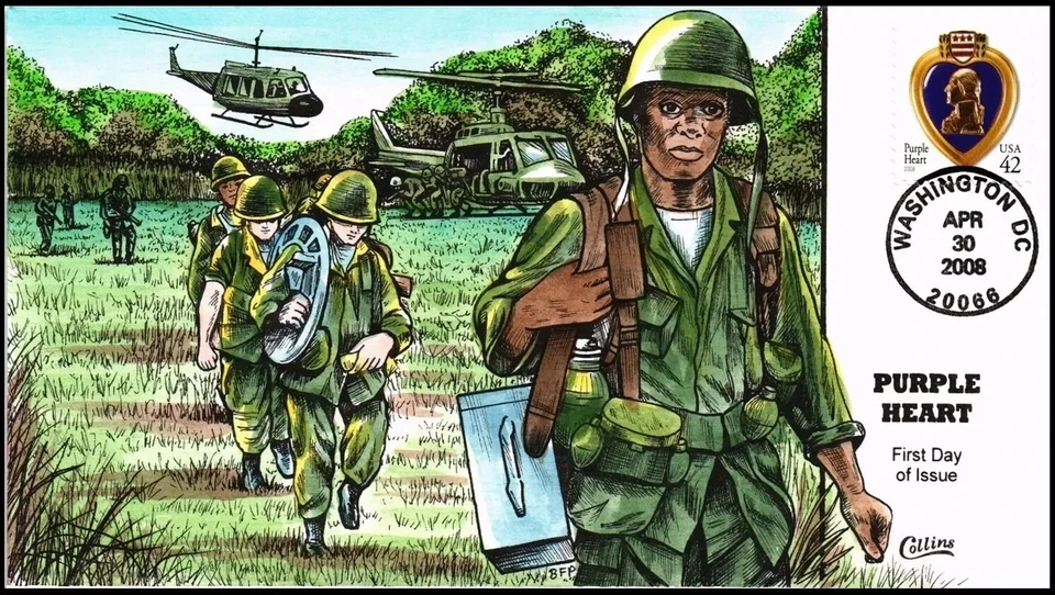 US COVER PURPLE HEART MILITARY AWARD FDC COLLINS HAND PAINTED - Image 1 of 1