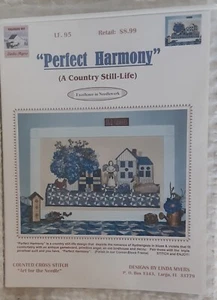 Cross Stitch Pattern PERFECT HARMONY House Flowers Quilt Blue White Linda Myers - Picture 1 of 5