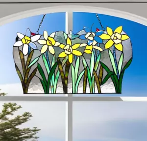 Stained Glass Daffodil Window Panel Suncatcher Floral Design 23x14in - Picture 1 of 7