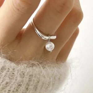 925 Sterling Silver Resizable Geometric Pearl Tassel Ring Couple Jewelry Gift - Picture 1 of 4