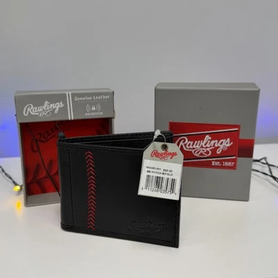 New Black & Red Stitch Rawlings Leather Bifold Baseball Wallet MW485-001 RARE - Image 1 of 4