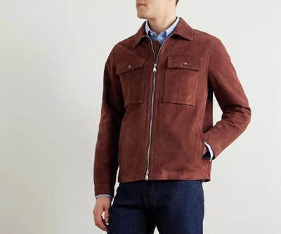 Men Brown Pure Suede Leather Jacket Slim Fit Trucker Jacket Custom Size S M L XL - Image 1 of 3