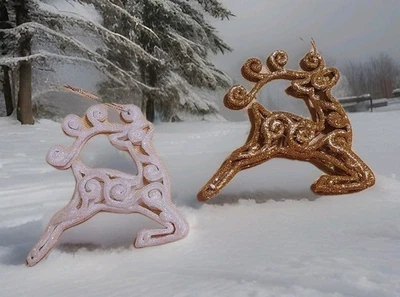 Reindeer Fly Jump Gold White Glitter Covered Plastic 2 Christmas Tree Ornaments - Image 1 of 4