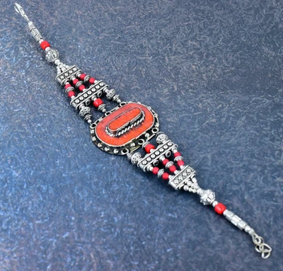 Beautiful Coral Gemstone Handmade 925 Sterling Silver Jewelry Nepali Bracelet - Image 1 of 4