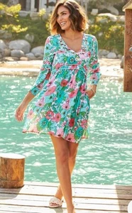BOSTON PROPER Floral Print Pockets Sequin Embroidery Ruffle Dress  sz L NEW - Picture 1 of 10
