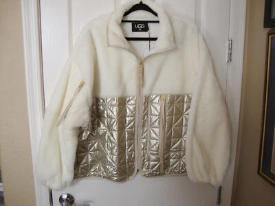 Chaqueta UGG RTW Marlene Acolchada Dorada Metálica Off-White Polar Cremallera Completa Talla XL Foto 1 de 4