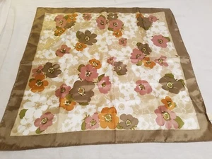 Glentex Womens Satin Scarf Tan Beige Floral 27"x27" square Japan - Picture 1 of 9