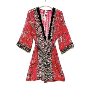 In Bloom By Jonquil Animal Print Floral Lace Trim Kimono Sleeve Robe Size Medium - Picture 1 of 7